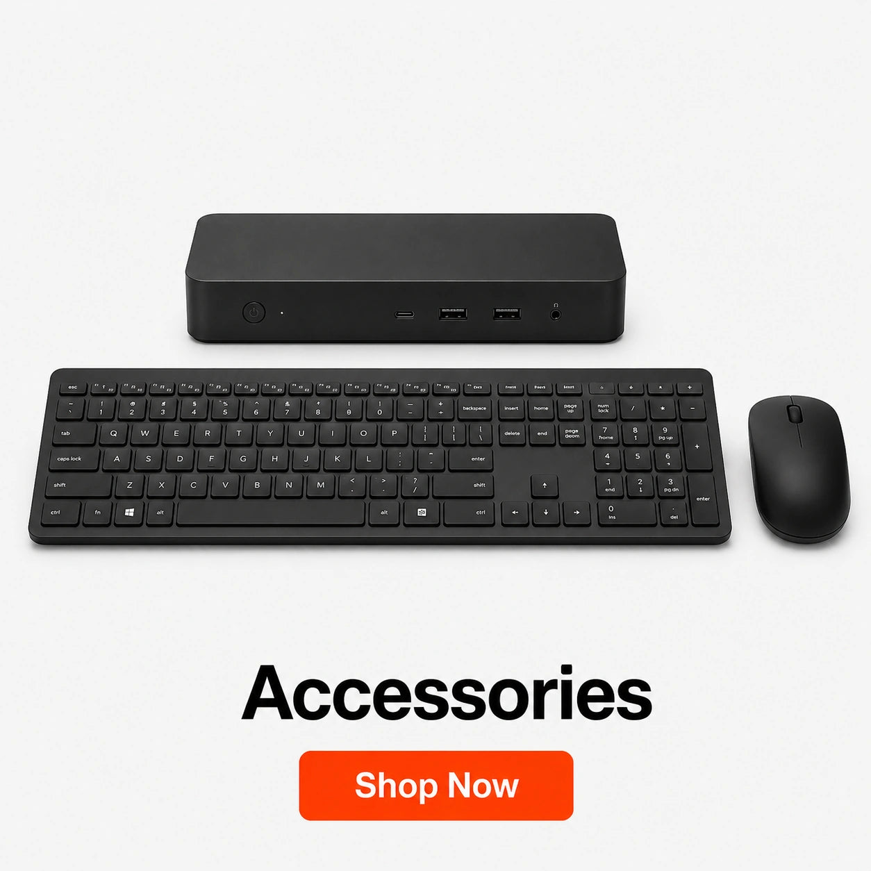 Black keyboard, mouse, and external device on a white background with 'Accessories Shop Now' text.