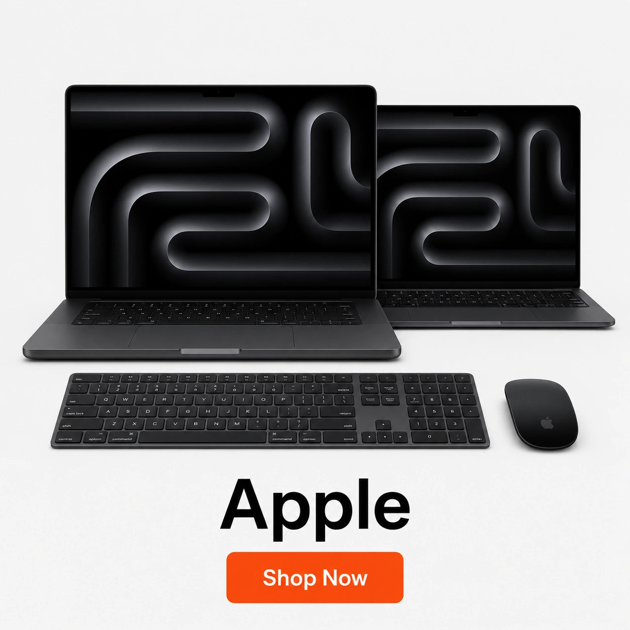 Apple laptop, keyboard, and mouse set on a white background with 'Shop Now' button.