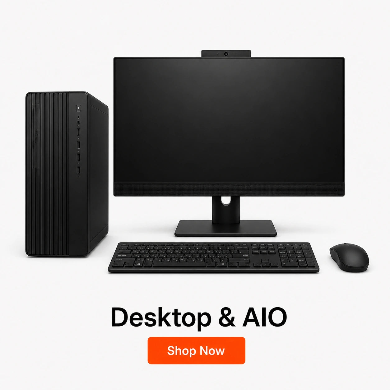 Black desktop computer with monitor, keyboard, and mouse on a white background