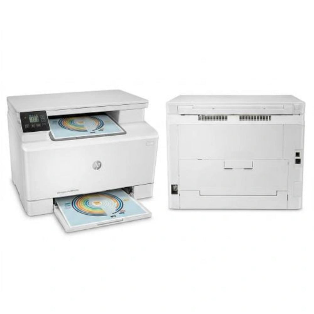 HP Color LaserJet Pro MFP M182n All-in-One Color Laser Printer 7KW54A Back and front view