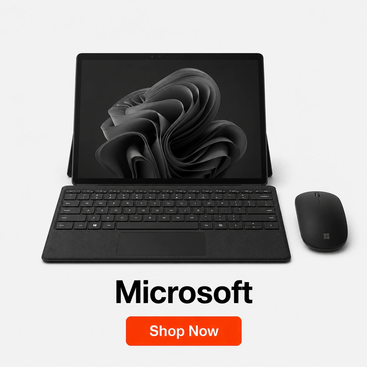 Microsoft tablet with keyboard and mouse on a white background