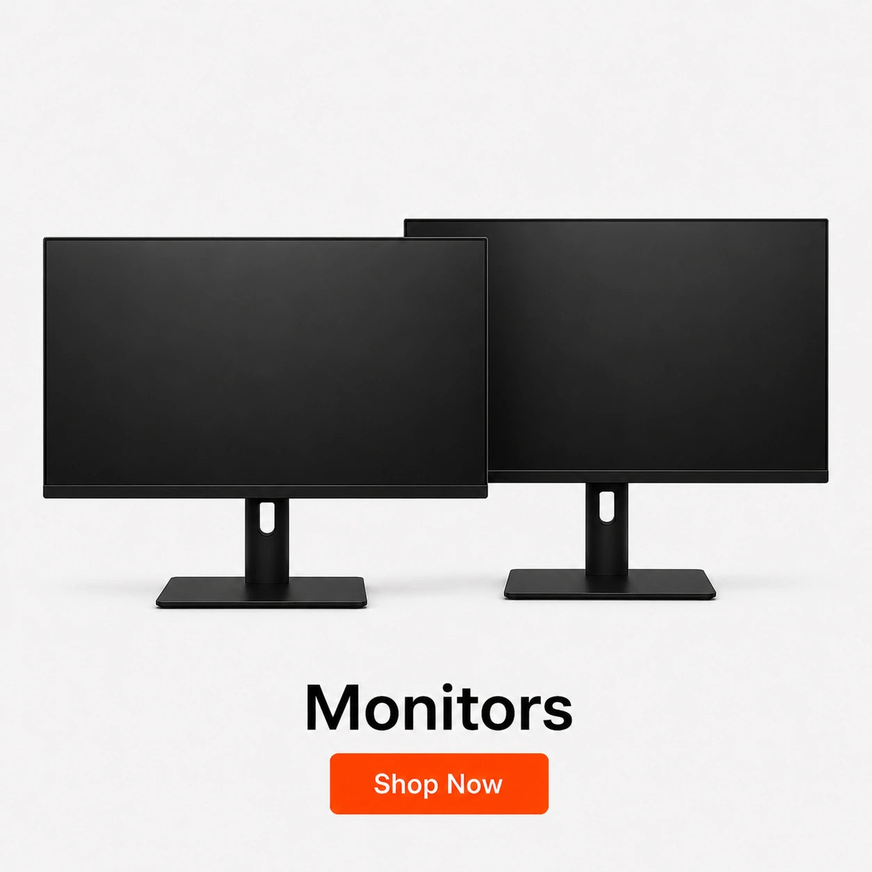 Two black monitors on a white background with 'Monitors Shop Now' text.