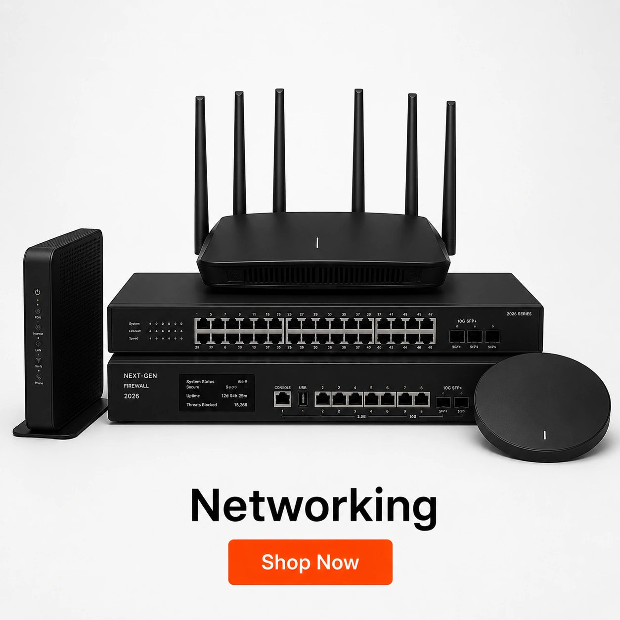Network equipment including routers and switches with 'Networking' and 'Shop Now' text on a white background.