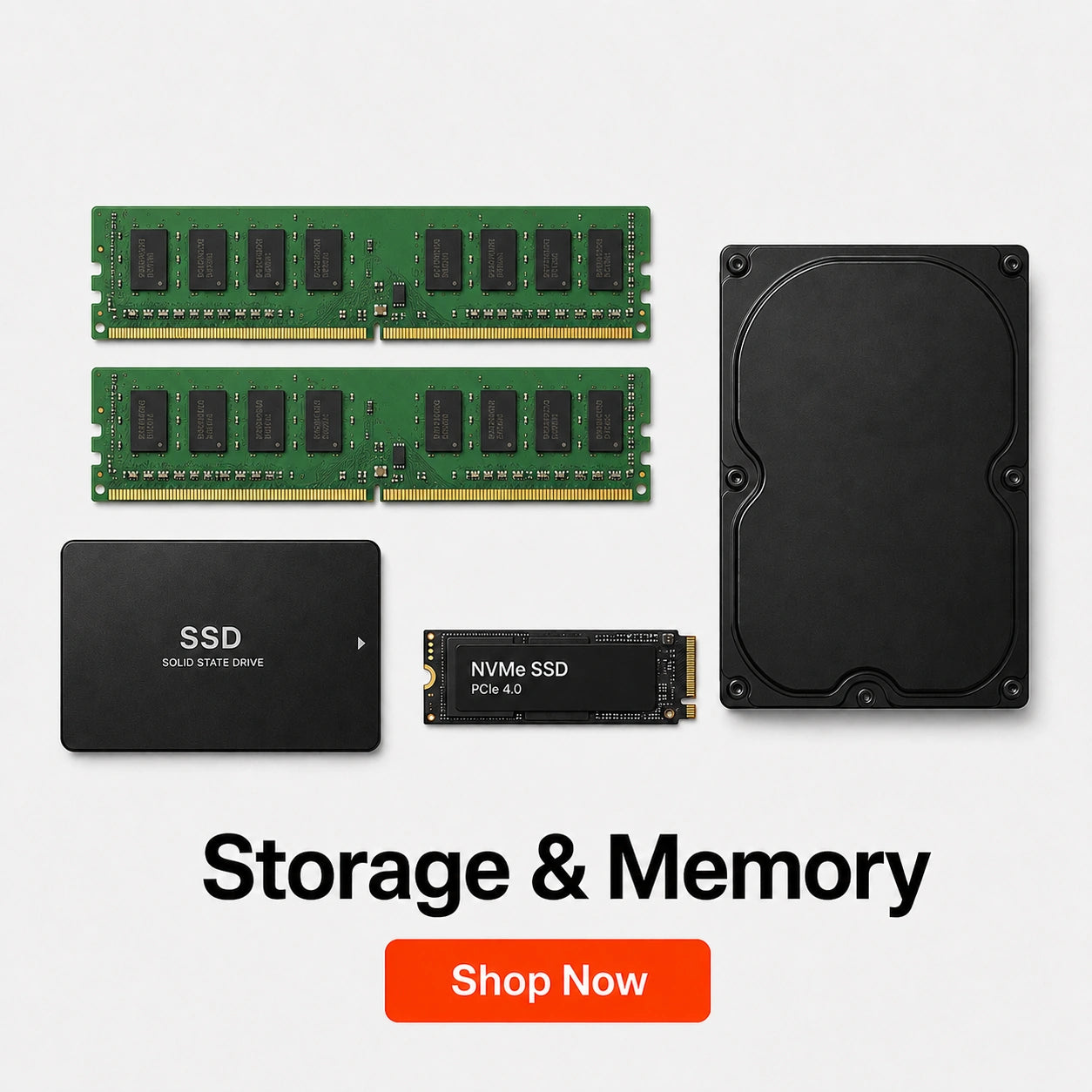 Storage and memory components including RAM sticks, SSDs, and a hard drive on a light gray background.