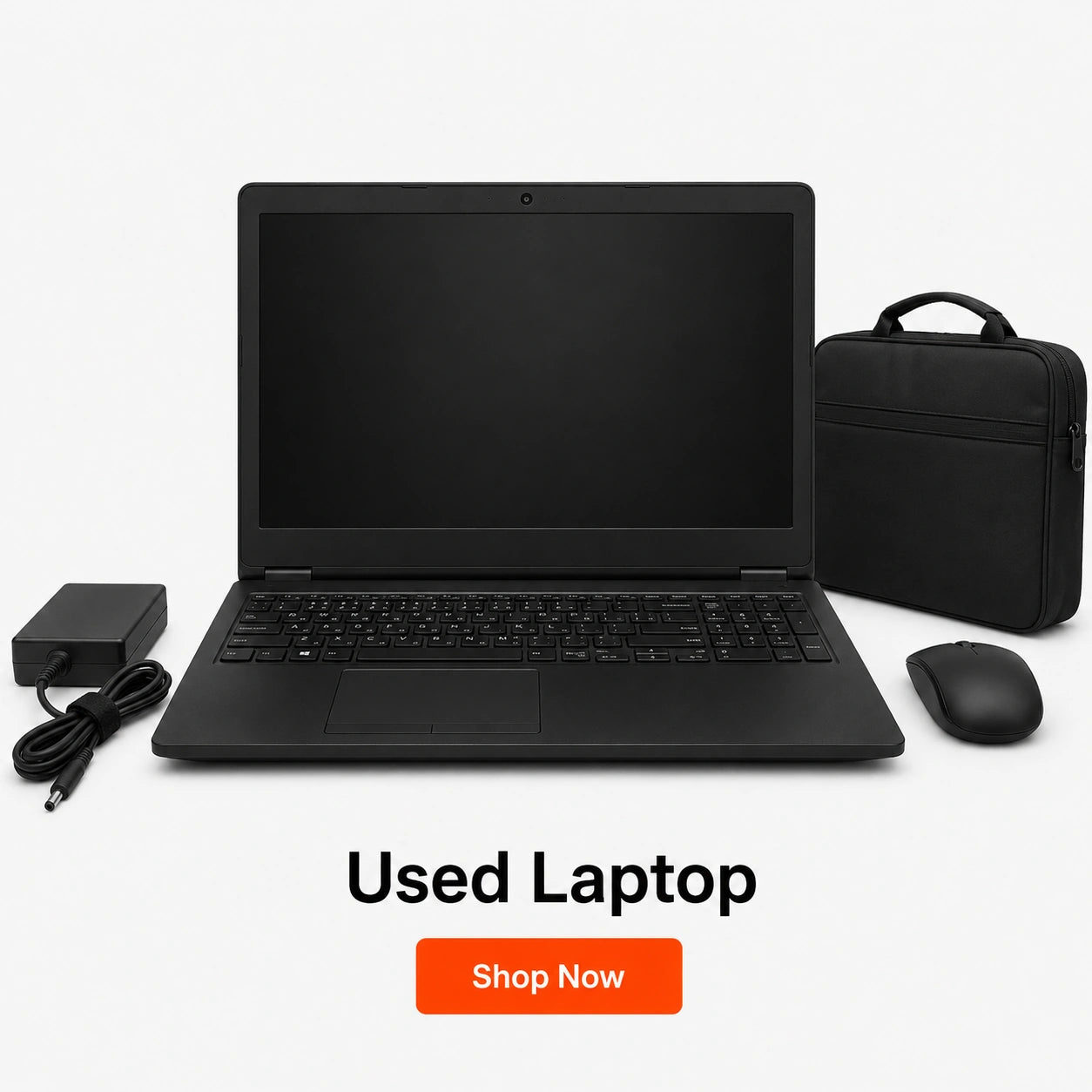 Black laptop with accessories on a white background, labeled 'Used Laptop' with a 'Shop Now' button.