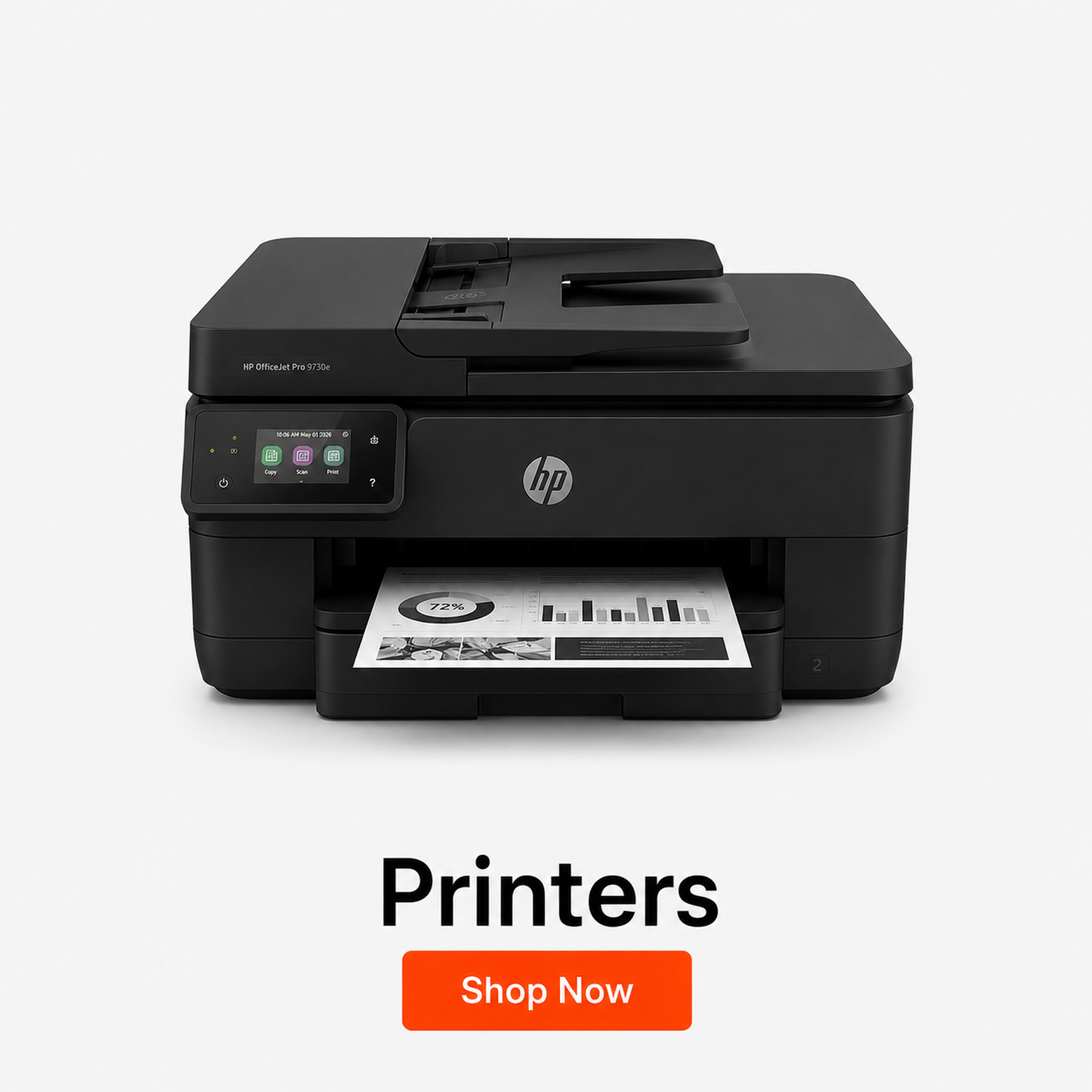 Black HP printer on a white background with 'Printers Shop Now' text.